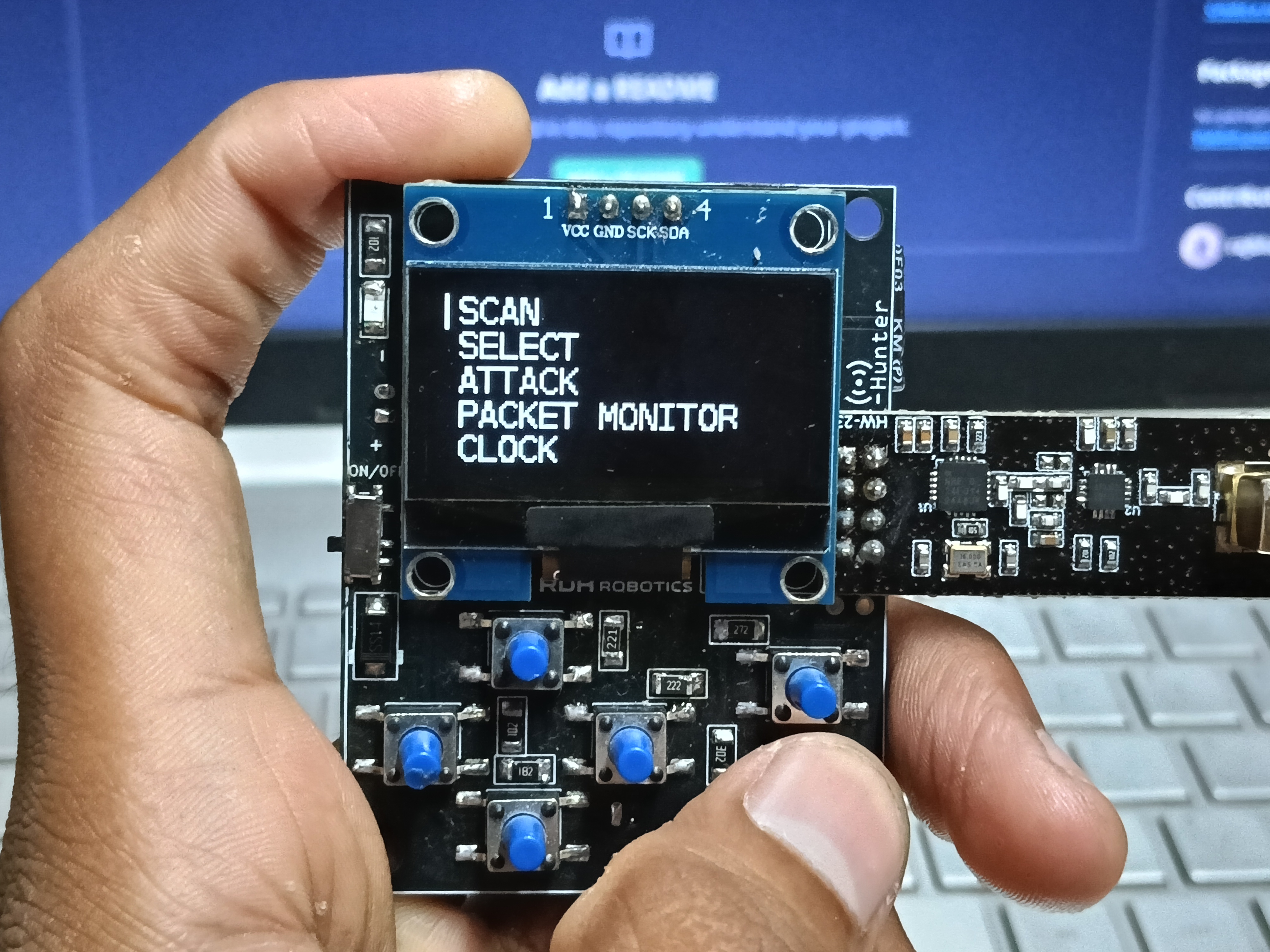 RF-Hunter OLED showing Deauther Suite