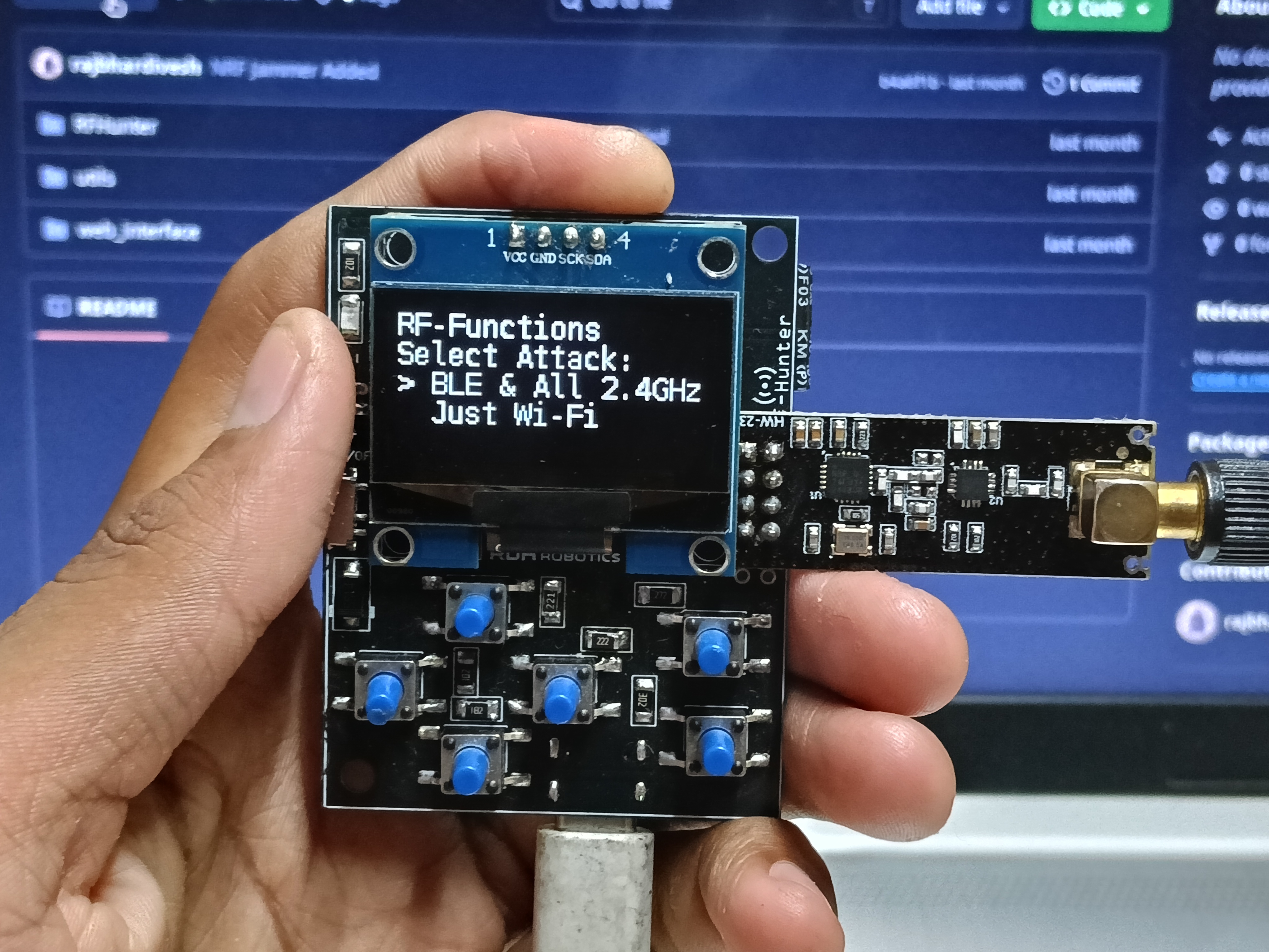 RF-Hunter OLED showing RF jamming mode options