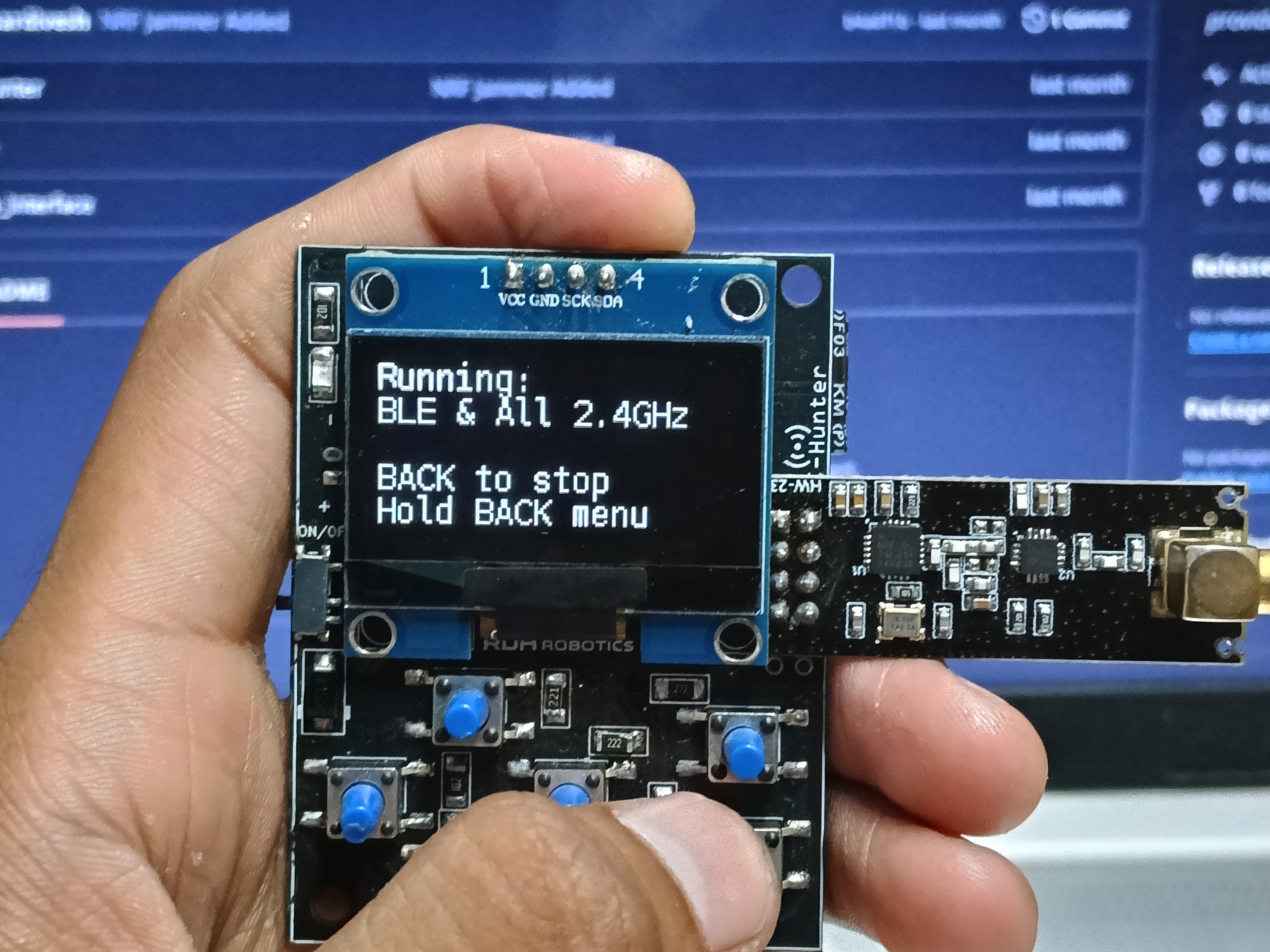 RF-Hunter OLED showing active jammer status